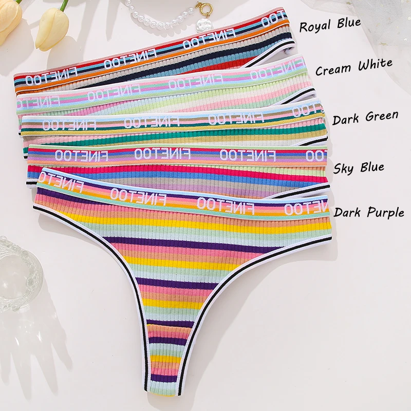 FINETOO Sexy Colorful Stripe Cotton Thongs For Women Low Waist G-String Panties Female Breathable Underwear Intimates Lingerie