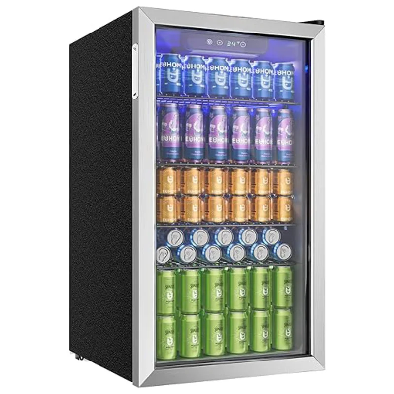 Getränkekühlschrank mit Glastür für 126 Dosen, verstellbare Regale, für Bier/Wein, Zuhause/Bar/Büro, Silber Edelstahl