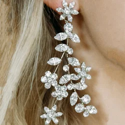 High Quality Cubic Zircon Bridal Earrings for Women 2022 Trending Branches Leaf Flower Crystal Long Earrings Wedding Accessories