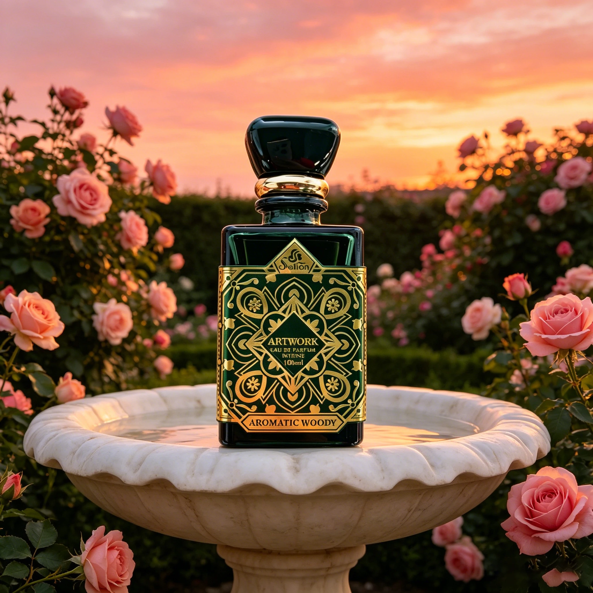 100ml ARTWORK Unisex Aromatic Woody Eau de Parfum, Mixed Wild Berry Floral Forest Wood Long Lasting Fragrance, Vintage Dark Emerald Green Square Glass Bottle with Gold Embossed Oriental Pattern, All Day Wear Neutral Cologne, Luxury Dark Green Velvet Gift - view 4