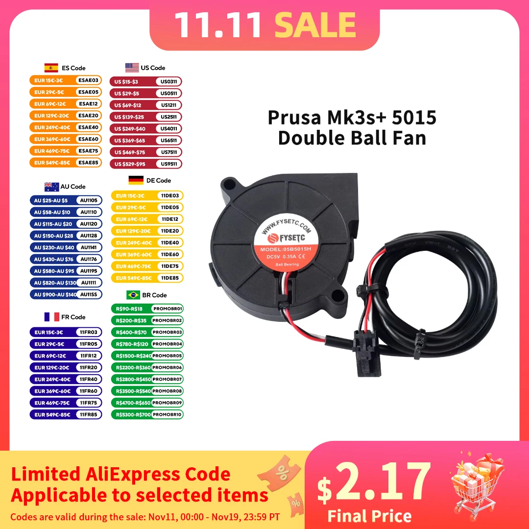 

Prusa i3 MK3 MK3S+ DC 5V 5015 50 мм Вентилятор радиального охлаждения с двойным шарикоподшипником Передний печатный вентилятор Кулер Радиатор Запчасти для 3D-принтера