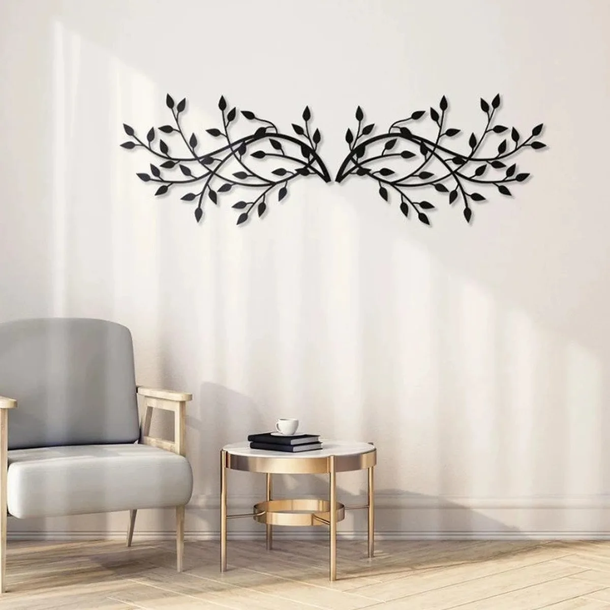 Metal Olive Leaf Wall Hanging 2pc Iron Branch Botanical Wall Decor Black Gold White