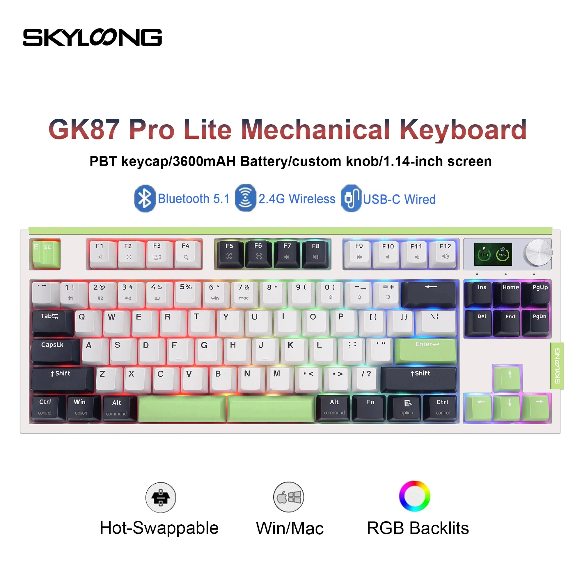 

SKYLOONG GK87Pro Lite Bluetooth Mechanical TKL Keyboard PBT Double-Shot Keycap 1.14 inches TFT-LCD RGB Screen Programmable Knobs