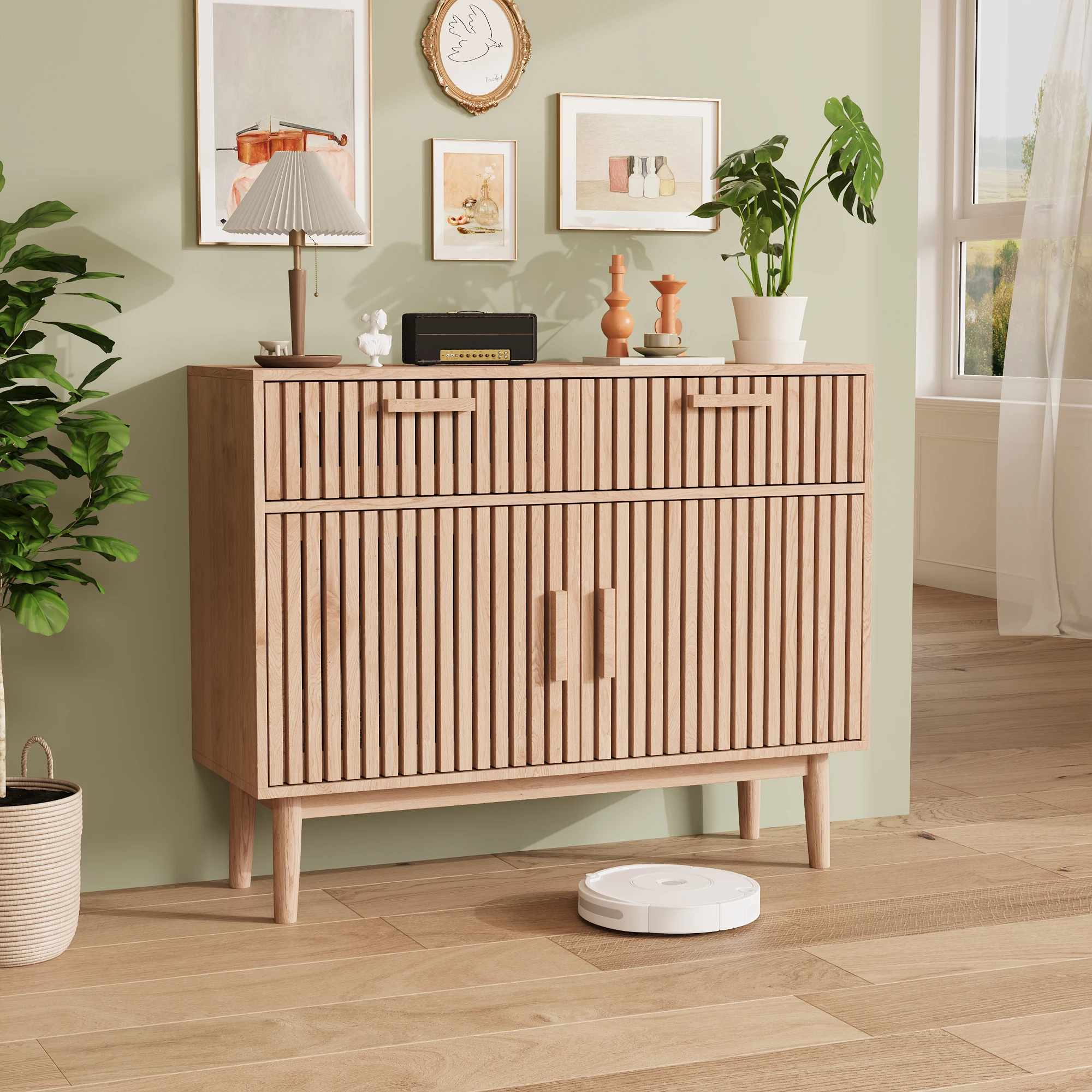 Anajqaqia Credenza 100 X 80 X 35 cm con 2 Cassetti e 2 Armadietti, Mobile Buffet Moderno con Finitura in Legno Naturale per Cucina e Sala da Pranzo