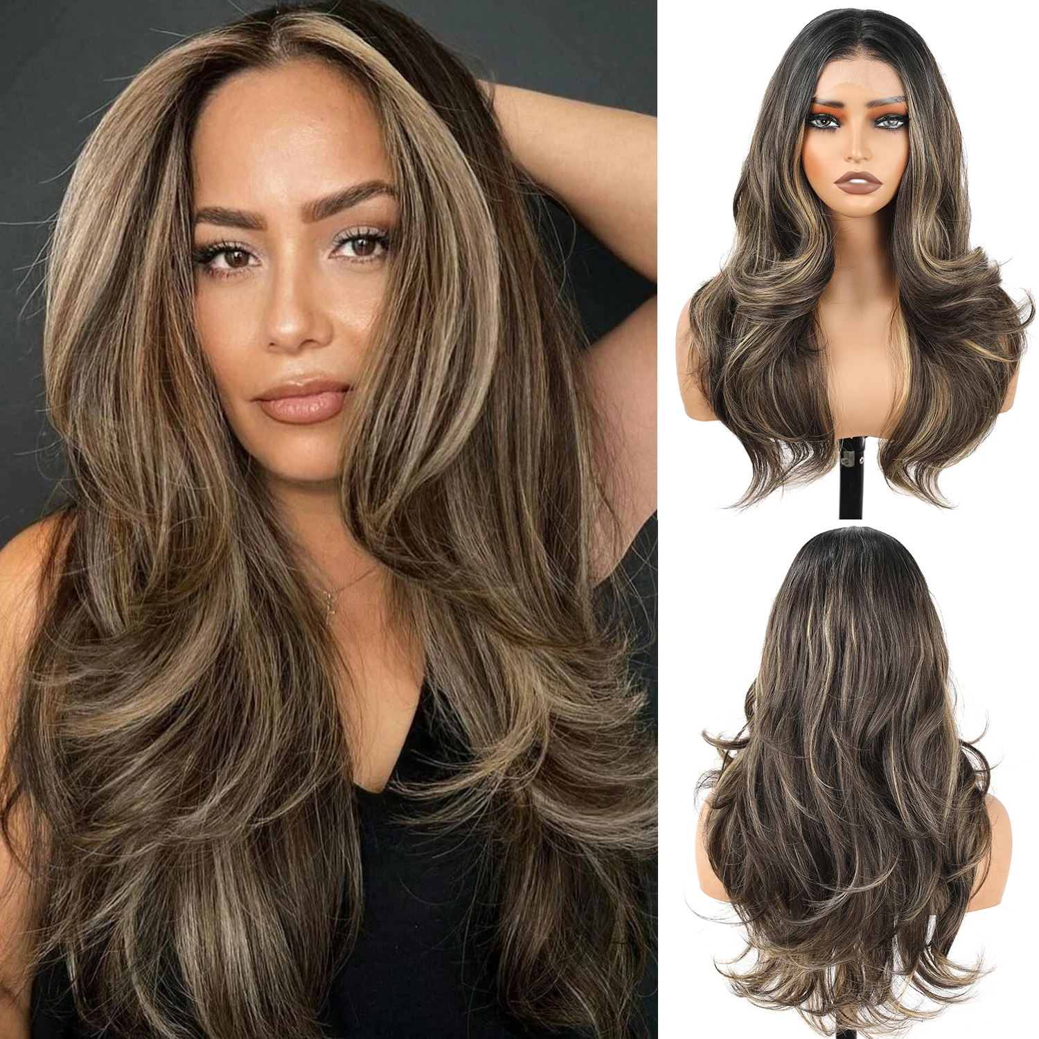 

High-gloss gradient wavy hair, 13x4 high-definition lace front synthetic wig, women's glue-free natural hairline wig - 24 inch