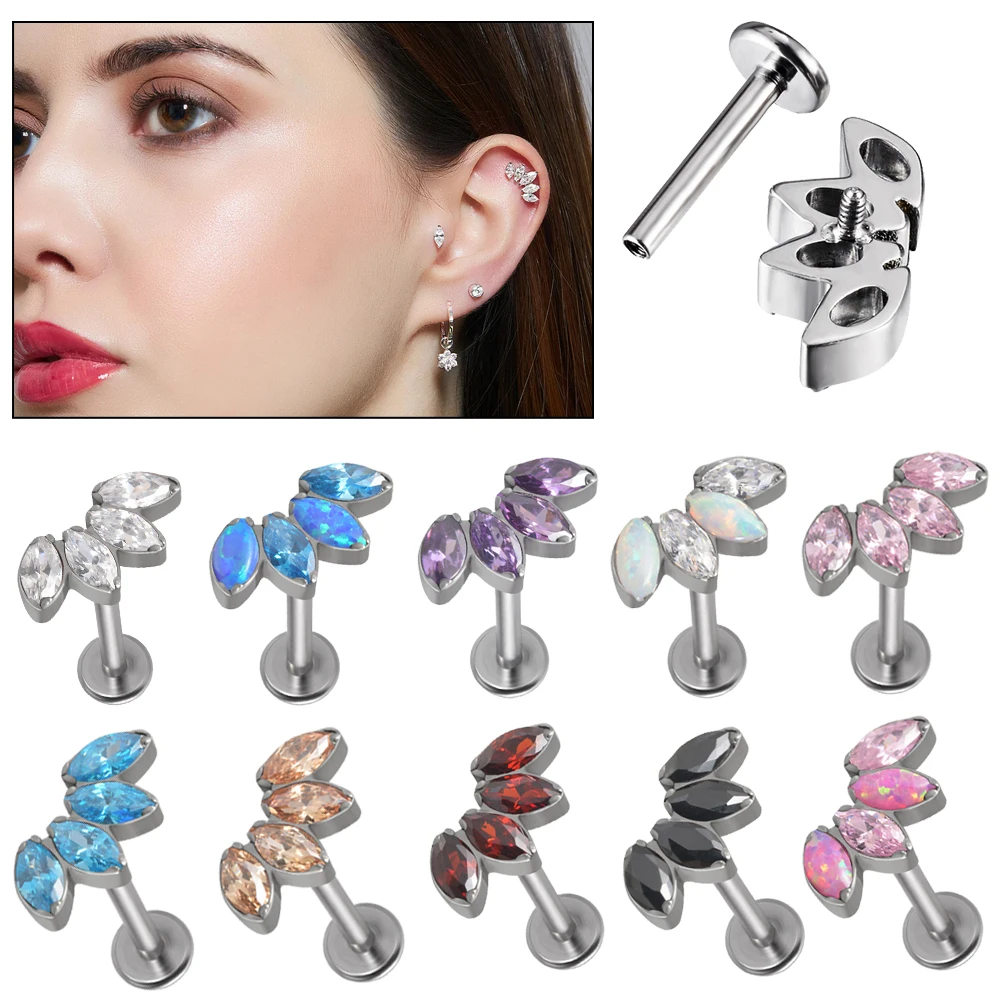 

1PC 100% G23 Titanium 4 Marquis Zircon Labret Lip Ring Internal Thread Opal Ear Cartilage Tragus Helix Daith Piercing Jewelry