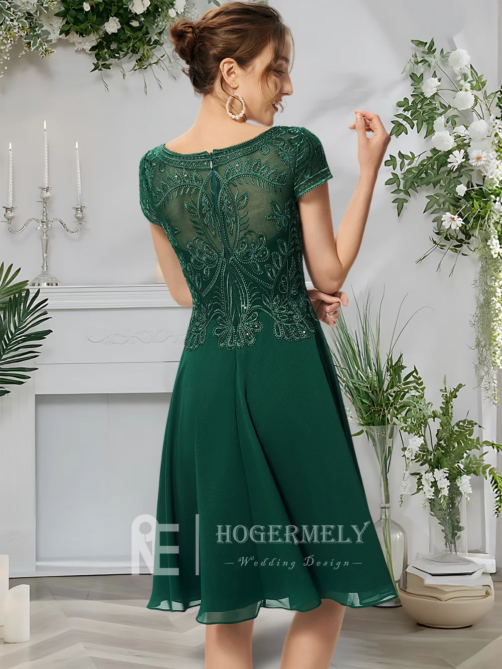 エレガントなダークグリーンのカクテルドレス女性のための 2025 A ラインスクープレースシフォンウエディングドレス膝丈のウェディングパーティーゲストドレス