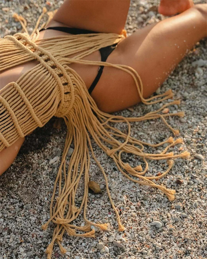 Women's Tassel Crochet Bikini Cover Up, Sexy Halter Lace Up fishnet  Fringe Bohemian Beach Dress, Knit Swimsuit Sarong Outfits view 3