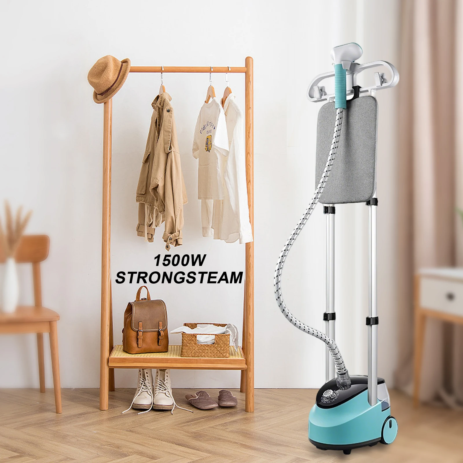 Défroisseur Vapeur Double Tige 2-en-1 2000W, Fer à Repasser sur Pied, avec Vapeur à 11 Vitesses, Réservoir 1,5L, 98 ℃   Machine à repasser et sécher les vêtements à haute température pour éliminer les plis et les odeurs