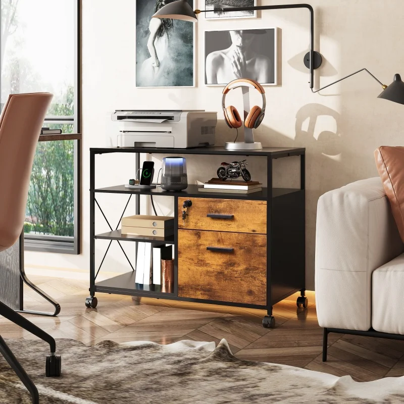 

GALAXHERO 2 Drawer Locking File Cabinet Charging Station Rolling Printer Stand Open Shelf Lateral Filing Cabinet A4 Letter