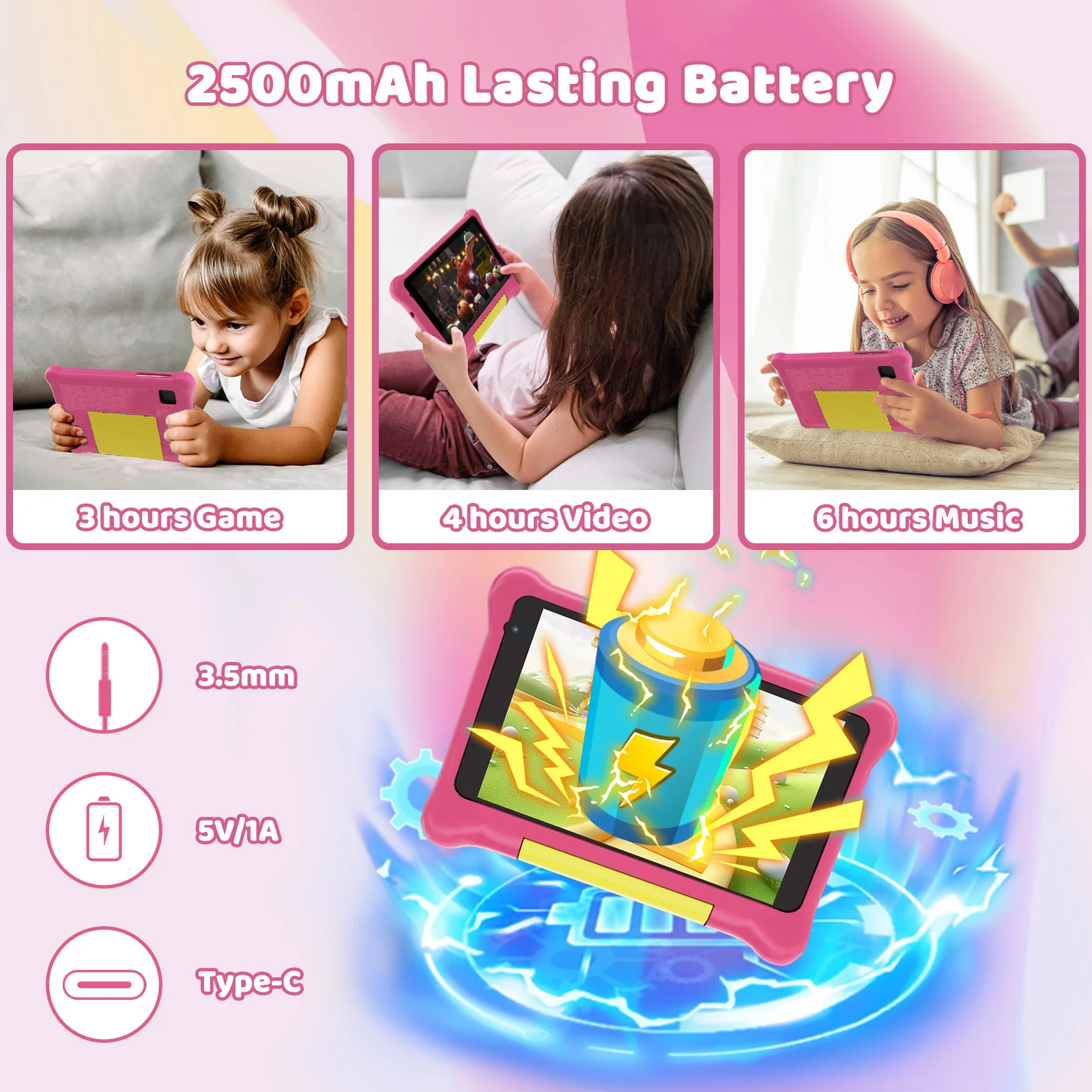 Kids' 7 Inch Quad-Core Android Tablet with 1 GB RAM 32 GB Storage (Expandable up to 128 GB) WiFi & Bluetooth Game Pad Included
