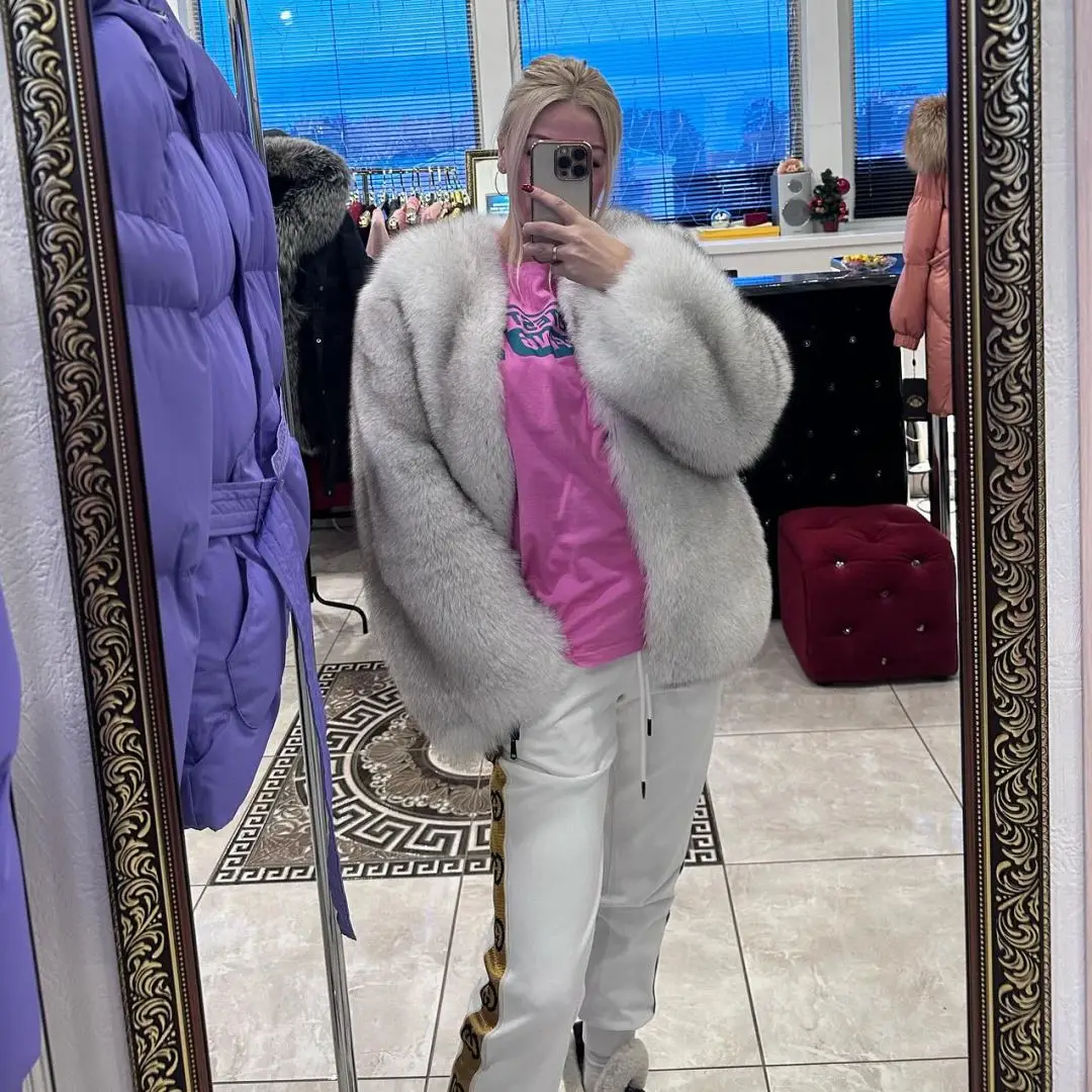 

Fashion Natural White Real Fox Fur Coat Round Collar Long Sleeve Genuine Full Pelt Fox Fur Jacket Natural Woman Fur Overcoats