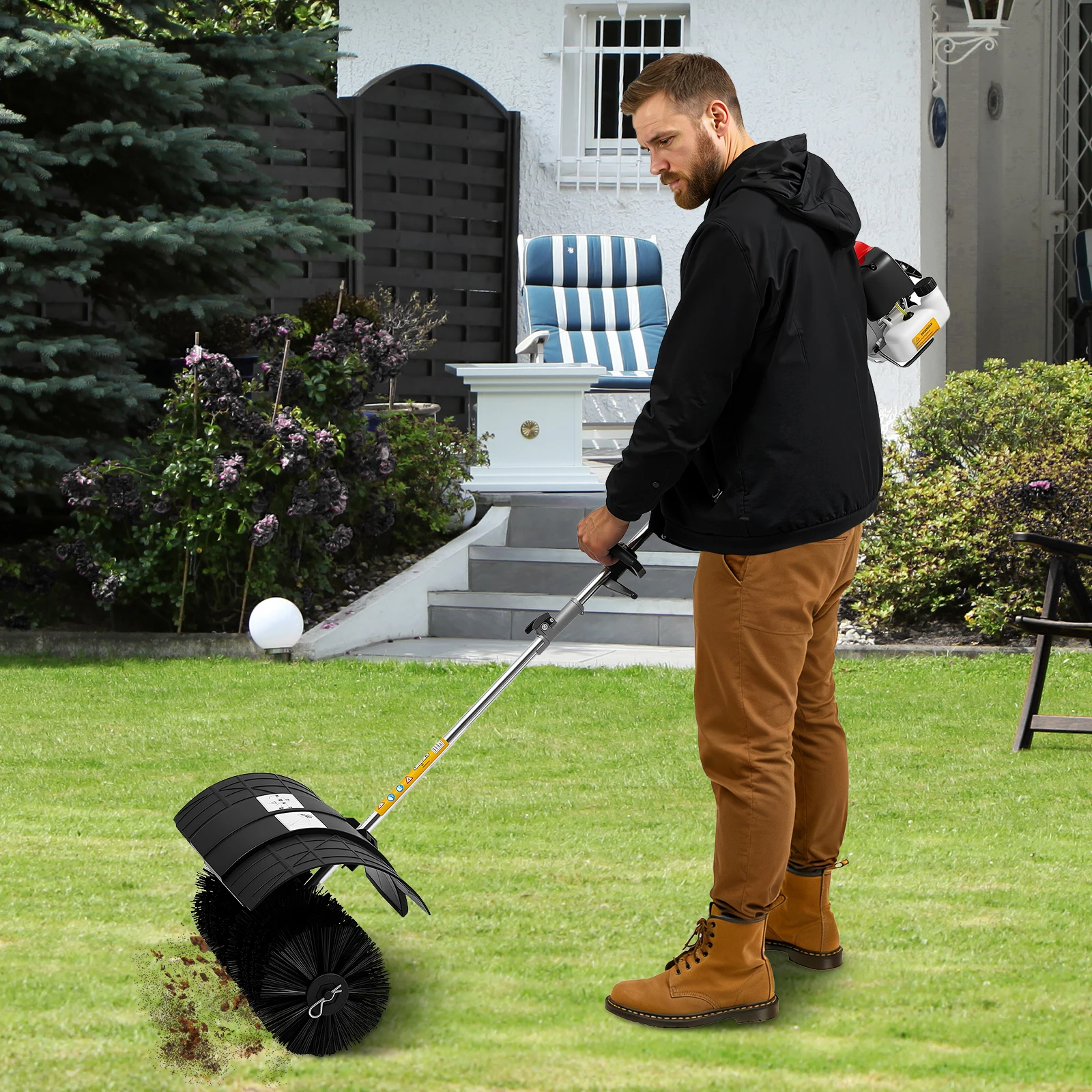 

Gas Power Sweeping Broom, 52CC Handheld Walk Behind Lawn Sweeper, Power Hand Held Debris Cleaner for Artificial Grass, Leaves