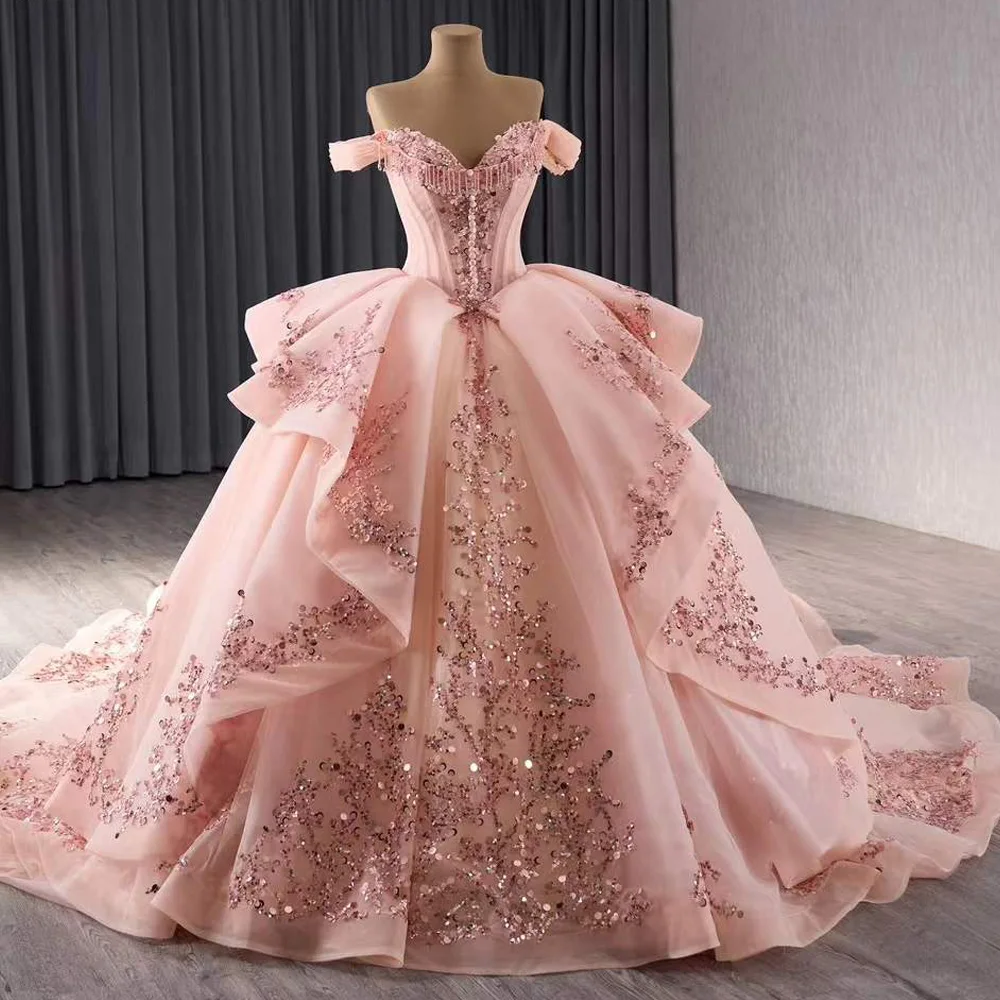 

Vestido De Quinceañera Милое розовое кружевное длинное платье с открытыми плечами на шнуровке сзади и блестками, расшитое бисером