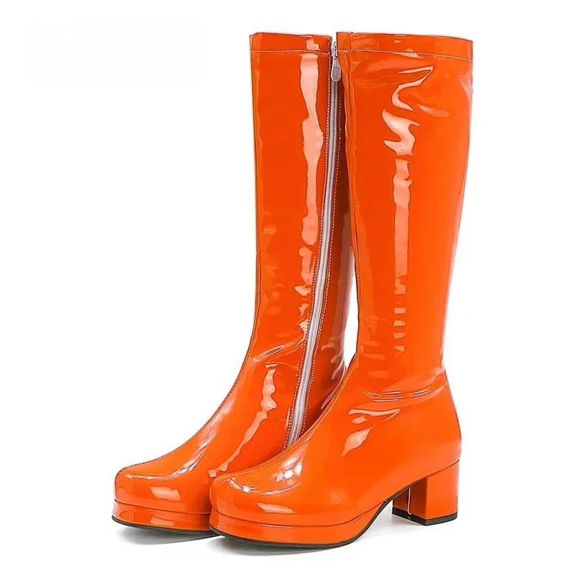 Femmes chaudes genou haute plate-forme bottes Orange vert rouge en cuir verni haut bloc talons dame bout rond fermeture éclair longue équitation Gogo bottes