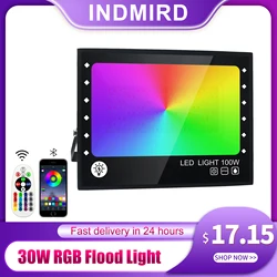 INDMIRD RGB 투광 조명, 색상 변경 투광 조명, 스위치 및 리모컨 포함, 정원 조명, 무대 조명, 휴일 파티, 30W