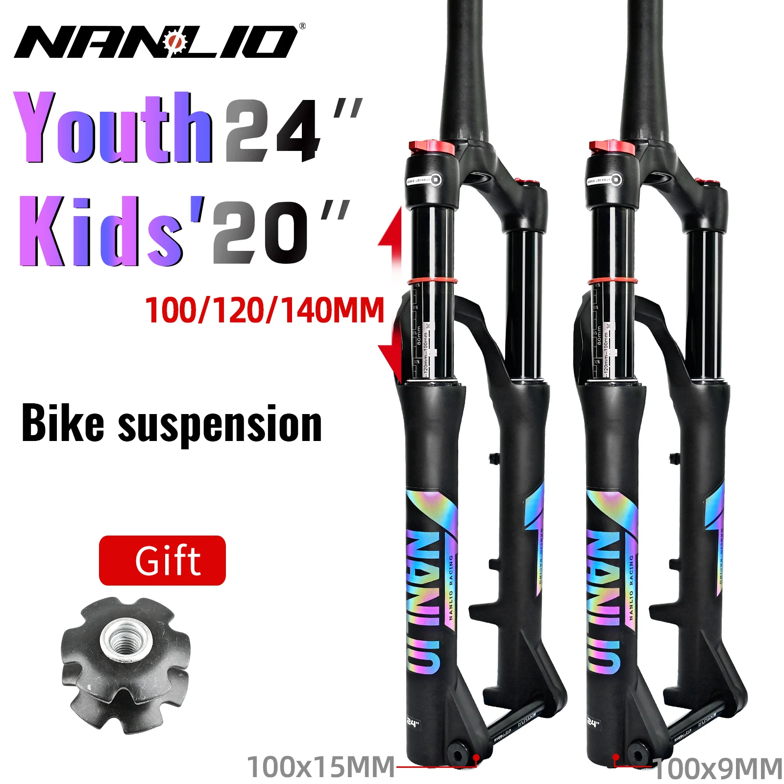 Nanlio Youth Mountain Bike Shock Bicycle Suspension Forks 20 or 24 Inch 100 120 140mm Shoulder Lock Oil and Gas Fork 100x9/15MM