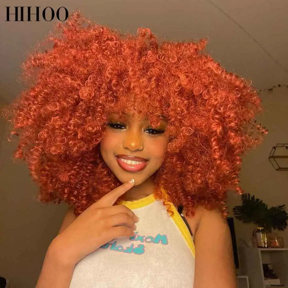 Short Hair Afro Kinky Curly Wig For Women Red Brown Copper Ginger Wig with Bangs Blonde Synthetic Natural Wig Cosplay Hihoo Hair