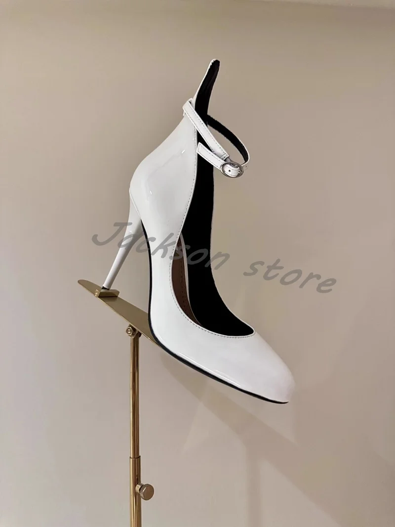 Summer New Style Round-Toe Patent Leather Mary Jane Shoes Women Fashion Sandals Shallow Ankle Buckle High Heel Dress Shoes