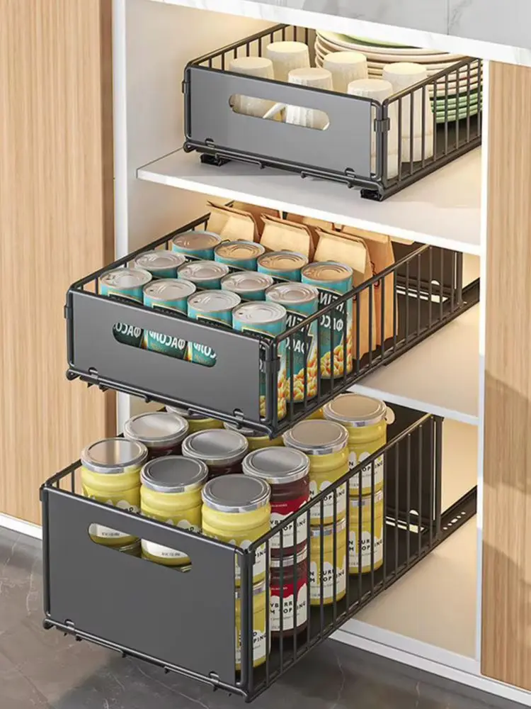 HiMISS 1 Stück/2 Stück Ausziehbarer Schrankorganizer, Bohrfreier Kohlenstoffstahl Ausziehbarer Küchenschubladenorganizer, Platzsparendes Ausziehregal für Schrank, Vorratskammer, Schwarz