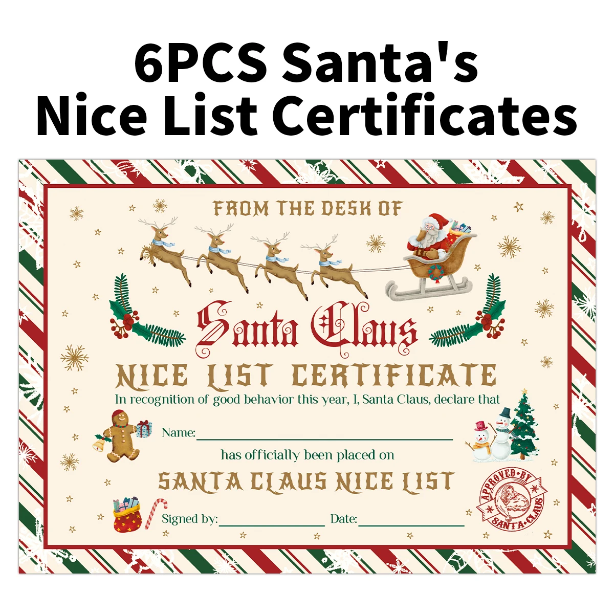 6pcs Santa’S Official Nice List Certificate Reward Cards,Fill-In Fields With Name,Date,For Encourage Good Behavior,Class Manage
