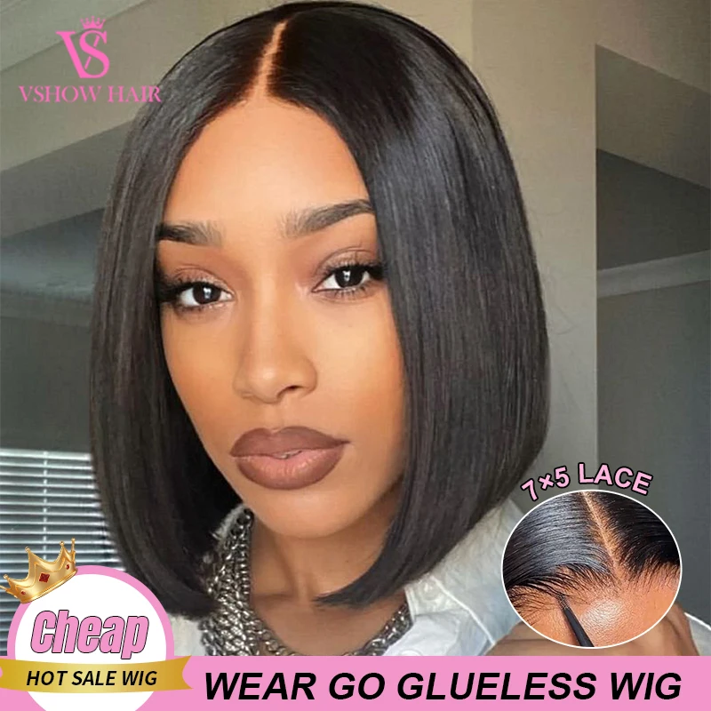 

VSHOW Straight Bob Hair 7x5 Wear And Go Glueless Wig Bye Bye Knots Human Hair Pre Cut Transparent HD Lace Frontal Wig