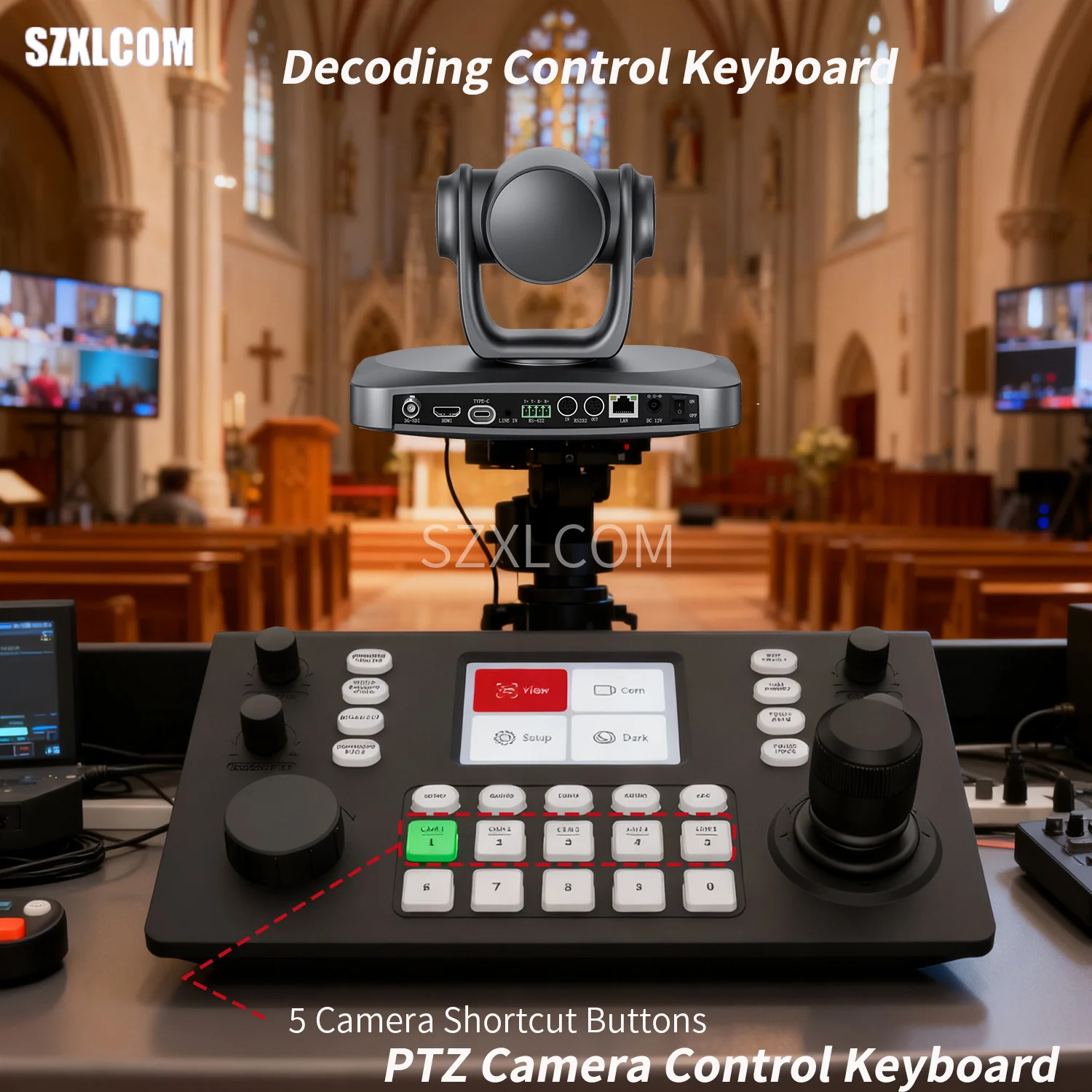 

SZXLCOM Контроллер PTZ-камеры 3D Rocker 3,49 дюйма Дисплей Сетевой декодирование Клавиатура для церкви вещания