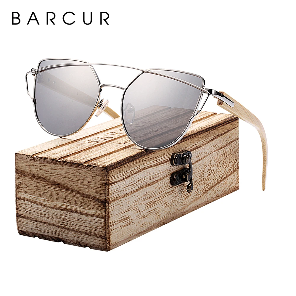 BARCUR Cat Eye Sunglasses Bamboo Polarized Metal Frame Wood Glasses Lady Luxury Fashion Sun Shades UV400