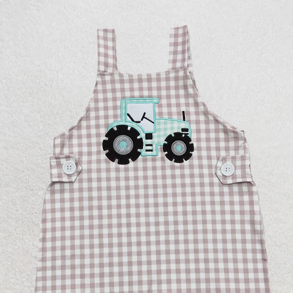 SR0631 Baby Boys Summer Rompers Baby Infant Boys Straps Tractor Khaki Chekered Summer Farm Rompers
