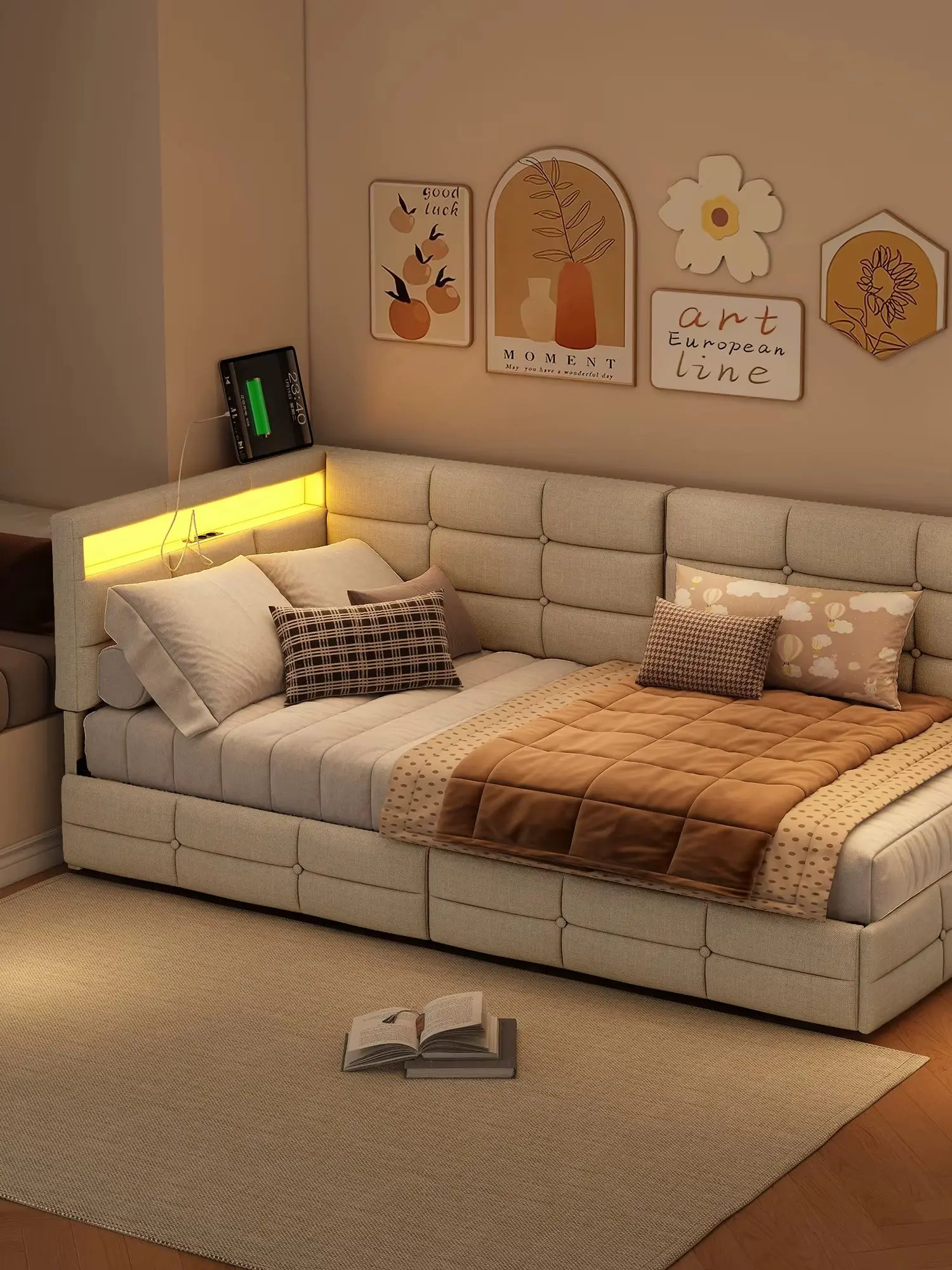 Gestoffeerd bed 90x200 cm met opberglades, slaapbank met LED en USB-oplader, linnen platformbedframe met lattenbodem, multifunctioneel opbergbed, ruimtebesparend logeerbed, kinderbed, tienerbed, - afbeelding 2