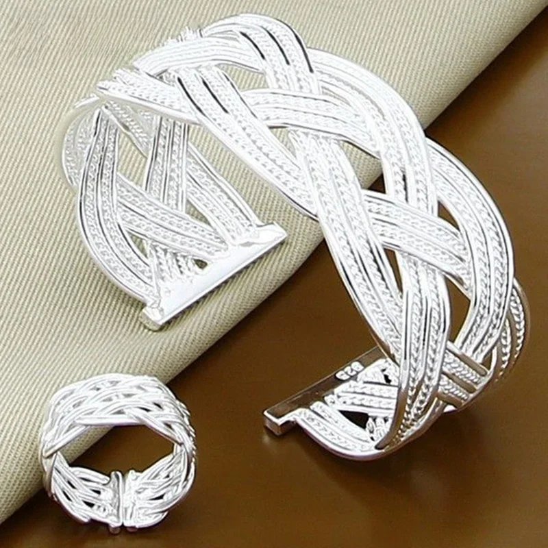 DOTEFFIL 925 Sterling Silver Interwoven Web Bangle Ring Set For Woman Wedding Engagement Party Fashion Charm Jewelry — zdjęcie 2