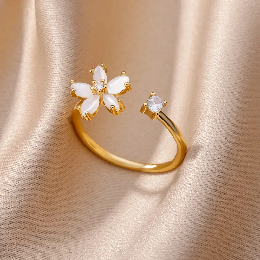 Requintado zircão cúbico flor anéis para mulheres homens cor de ouro aberto ajustável anel de aço