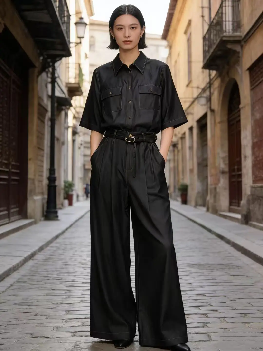 

Spring-summer casual youthful denim two-piece set with belt