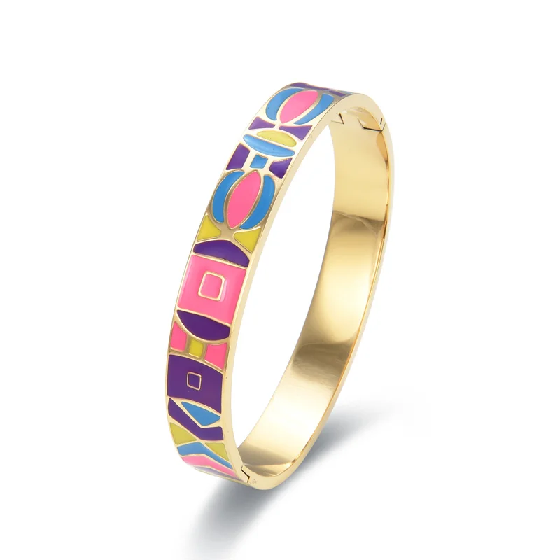 Top Selling Popular Stainless Steel Open Bangle For Women Gold Geometric Colorful Enamel Painted Bangles Wedding Jewelry Gifts