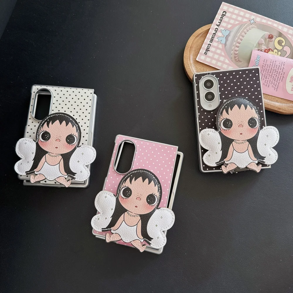 Kawaii Cartoon Angel Girl Polka Dot Phone Case for Samsung Galaxy Z Fold 8 fold 8, Cute Shockproof Foldable Cover with Wristband