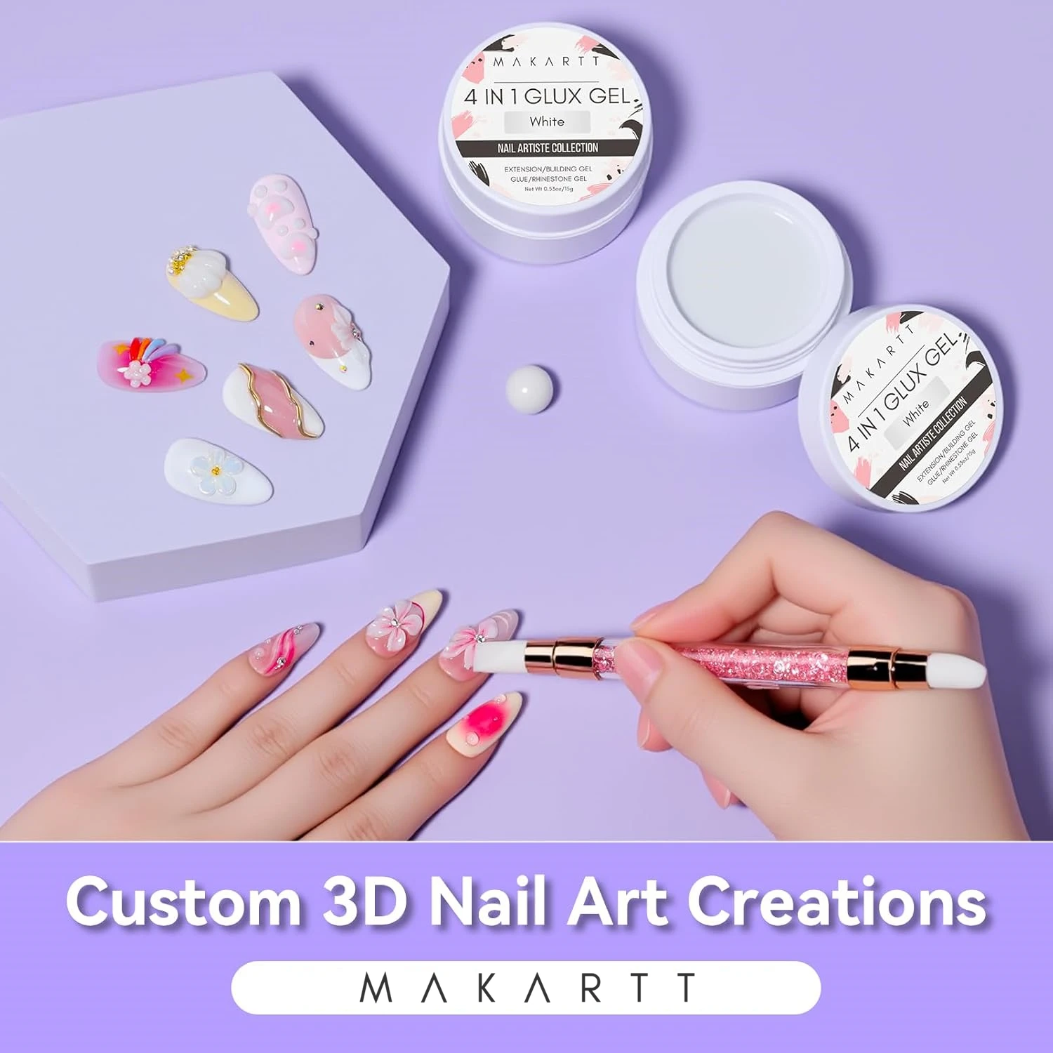 3D Sculpting Gel for Nail Art ,Makartt 4-in-1 Solid Builder Nail Gel White Non-sticky Hands for Extension Nail Charms, Carving