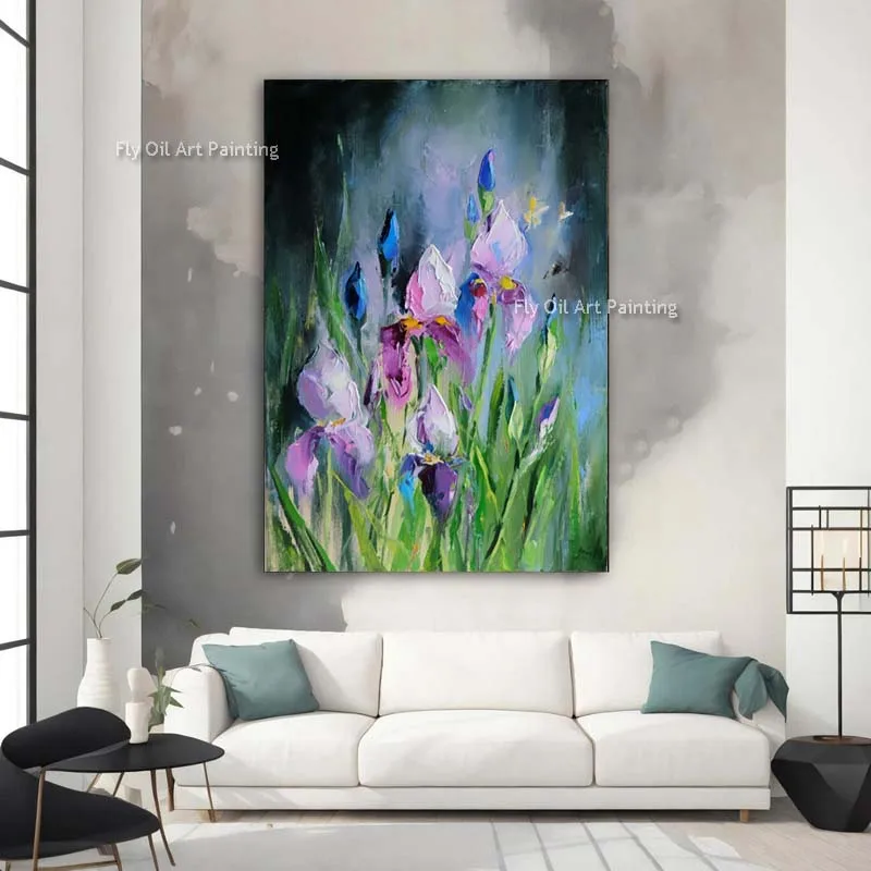 Irises Original Flowers Oil Painting Spring Purple Irises Bloom Canvas Art Hand Painted Flaral Impasto Wall Art Decor Frameless