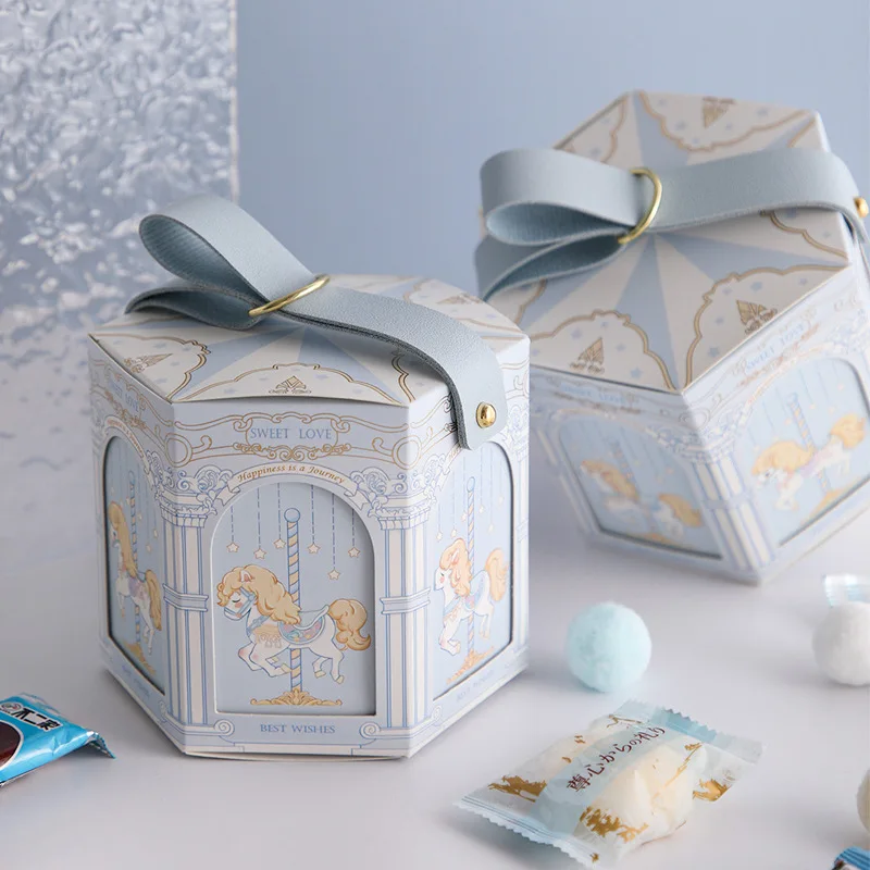 10 Pcs/Lot Portable Hexagonal Box Creative Carousel Print Festival Small Gift Box Wedding Candy Box Size 14*14*11.5cm