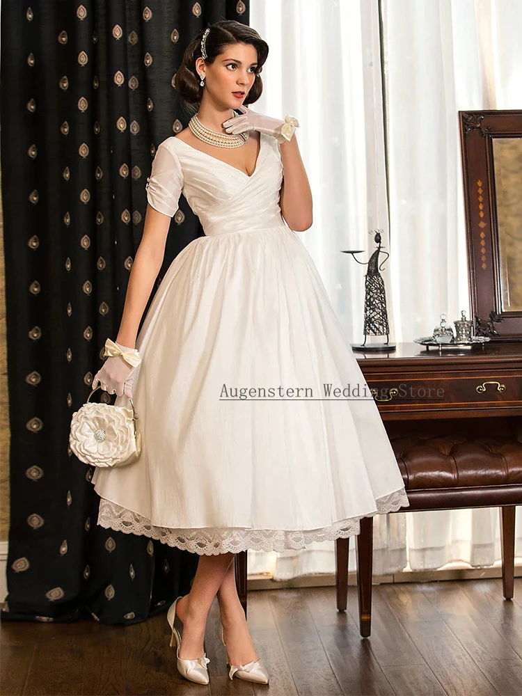 Customized Wedding Party Dresses Satin A-line Bridal Gown Ivory V-neck Pleat Ruched Lace Fairy Garden Wedding Dress Midi image 3