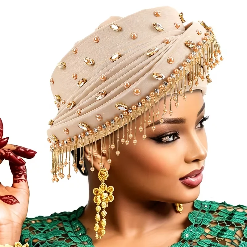 New model, exquisite and three-dimensional pleated headscarf hat, with beads that gently sway and give a shimmering and flowing