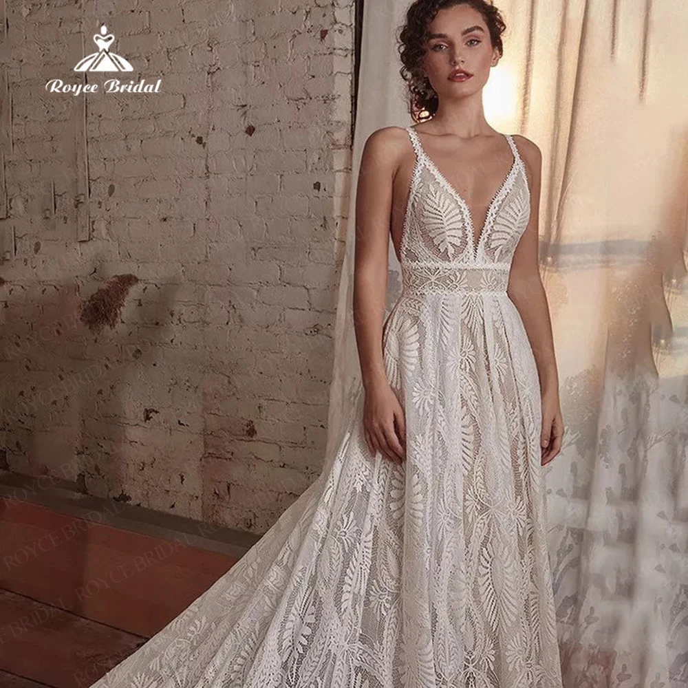 

Кружевные свадебные платья Roycebridal с V-образным вырезом и съемными рукавами, женское платье, свадебное платье Sirene Luxueuse 2023 со шлейфом