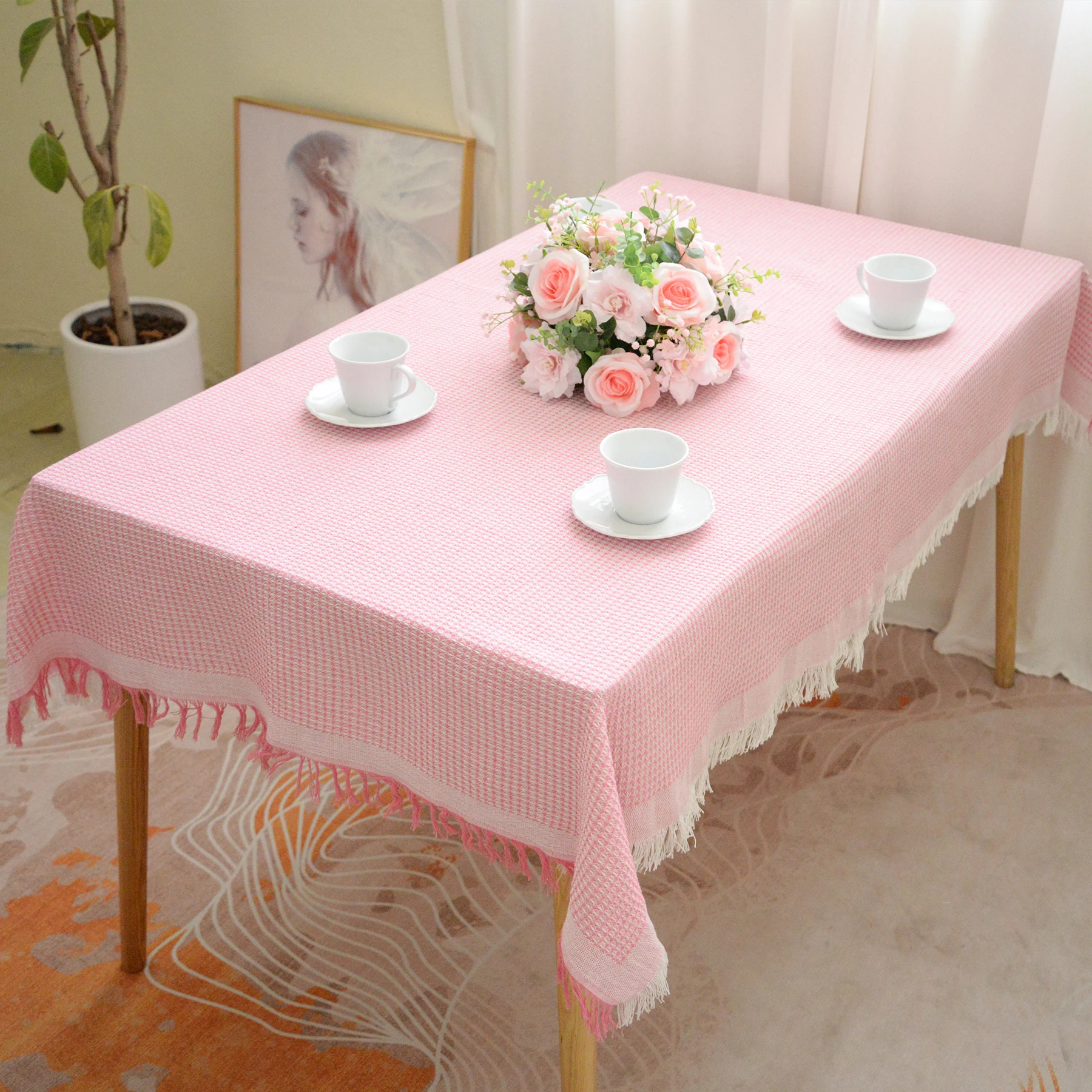 Heavy Duty Wipeable Polyester Tablecloths, Reusable Crochet Table Cover for Outdoor Picnic Camping Dining Table, Pink and White