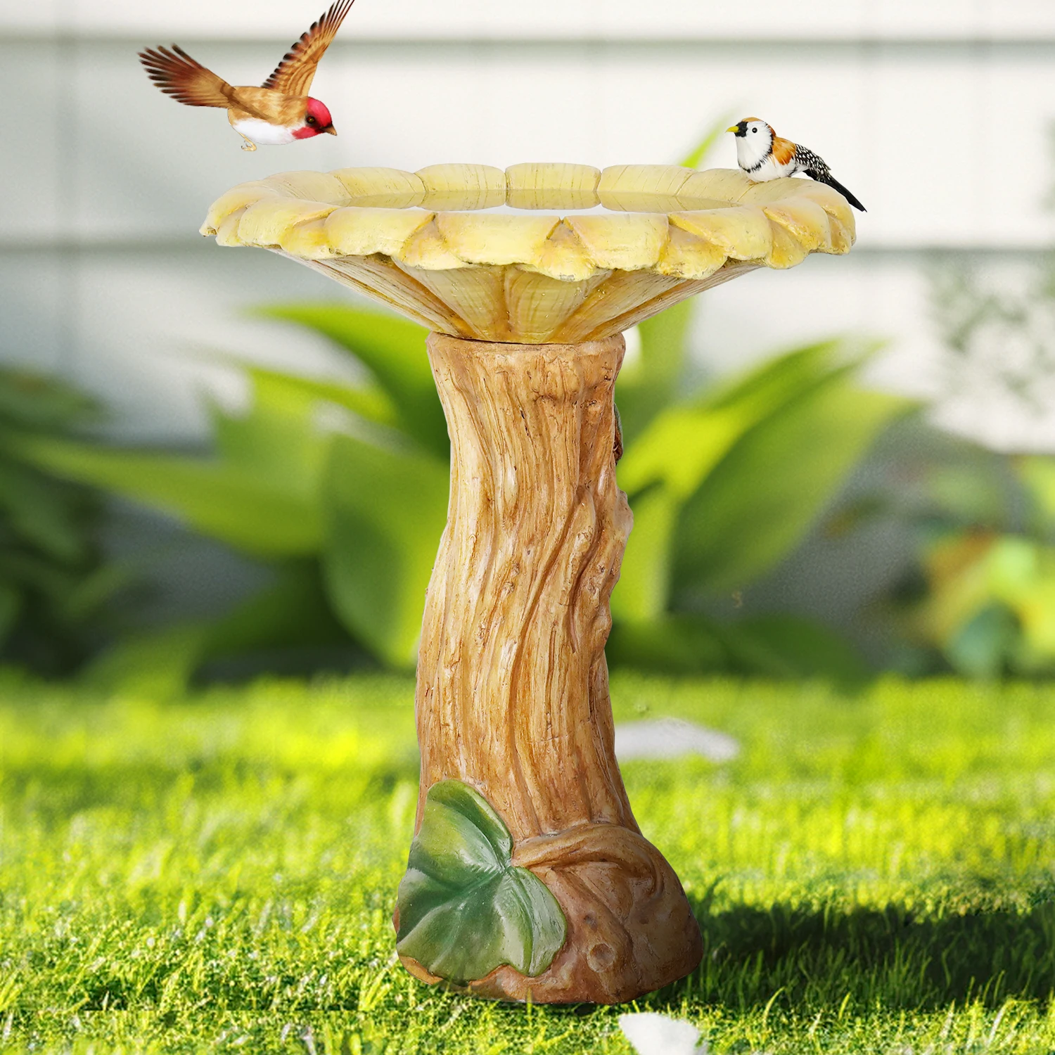 

24.4 ''H Outdoor Garden Decorative Statue Concrete Bird Bath with Sunflower Bird Bath and Wooden Base for Outdoor Decor,Yellow