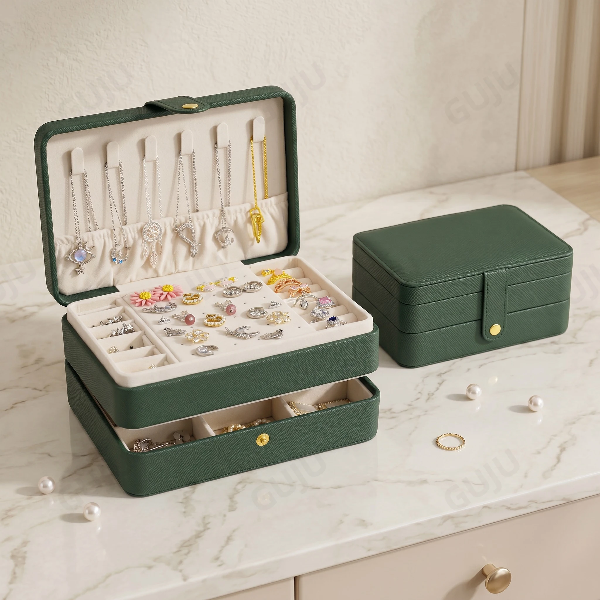 Double Layers PU LeatherJewelry Box Travel Jewelry Organizer Portable Jewelry Boxes Use For Rings Earrings Necklaces Watches