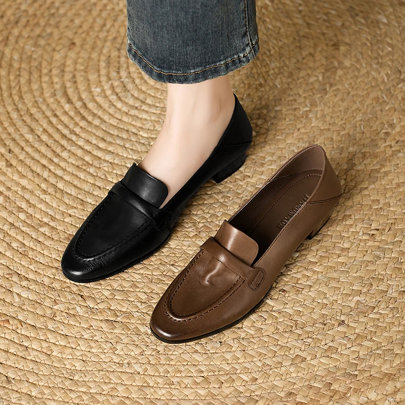 Women's Leather Apron Toe Strap Loafers, Low Block Heel Slip-On Dress Shoes, Classic Moccasin Style for Work & Casual Wear