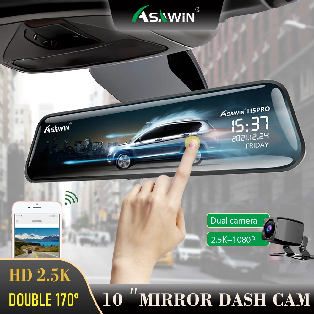 Asawin 10 In 2K Rear View Mirror Dash cam WIFI For Car Dvr Front And Back FULL Screen 24H Park Mode Touch Ips Reverse Image