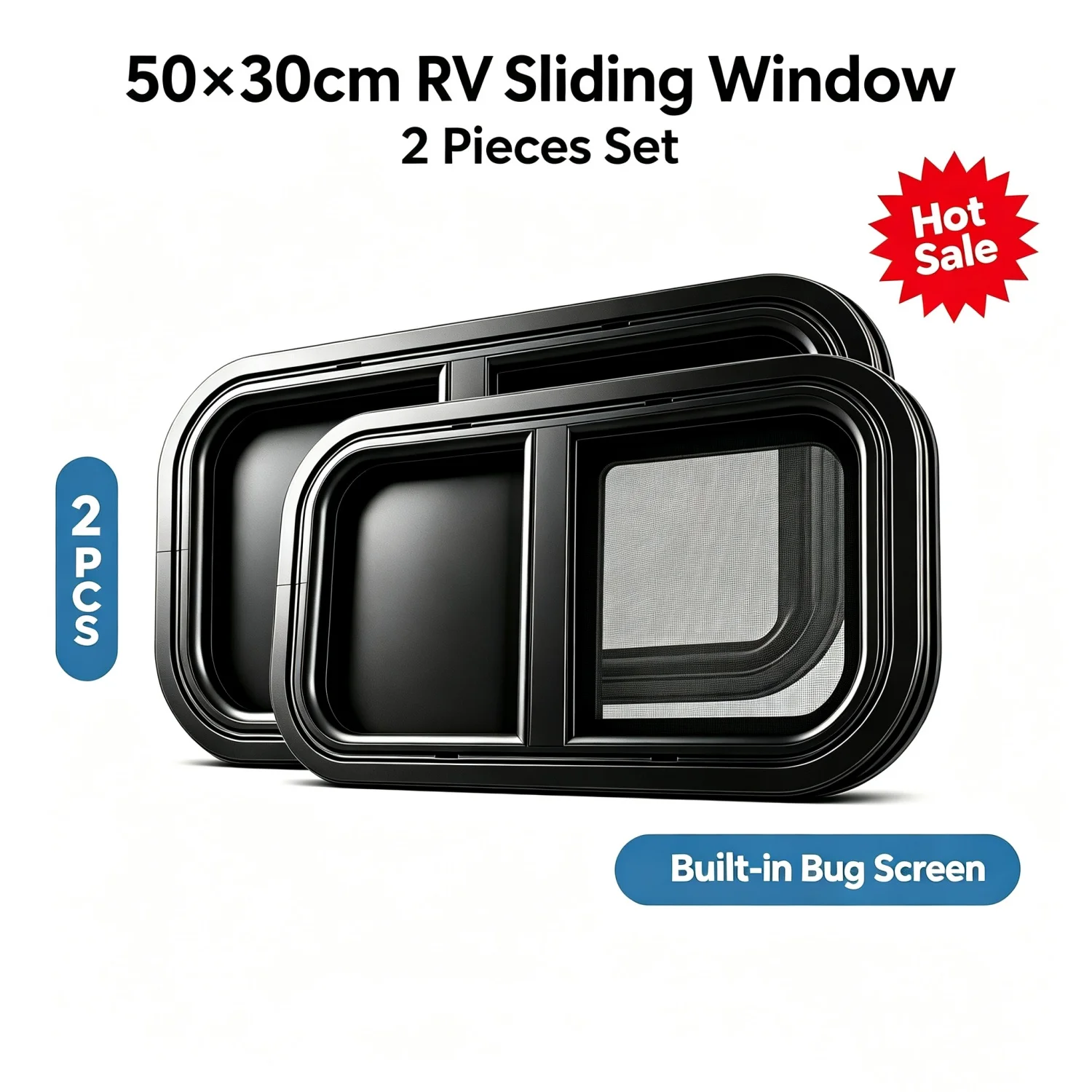 Set da 2 pezzi, finestrino scorrevole laterale per camper, roulotte e caravan, dimensioni 50x30 cm, finestrino di ricambio con zanzariera, vetro con 25% di privacy per camper e roulotte.