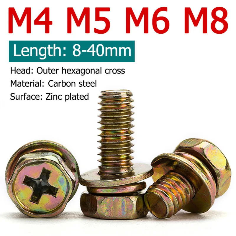 50/100pcs M4 M5 M6 M8 Hex Cross Bolt Phillips Screw Zinc Plated Flat Gasket Spring Washer Set Hexagon Carbon Steel Length 8-40mm