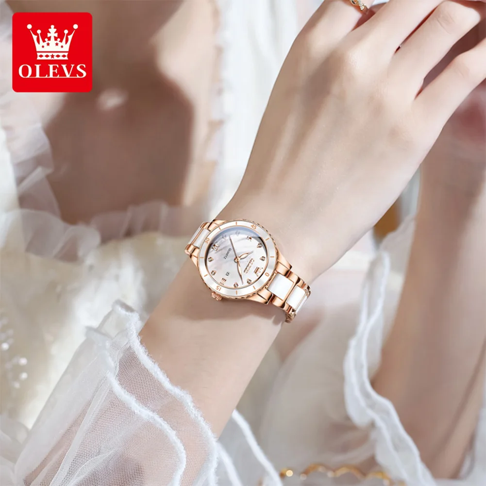 OLEVS 9985 ساعة نسائية مقياس روماني مقاوم للماء التقويم ساعة كوارتز أنيقة حزام السيراميك الفاخرة الأصلي فتاة ساعة Reloj Mujer