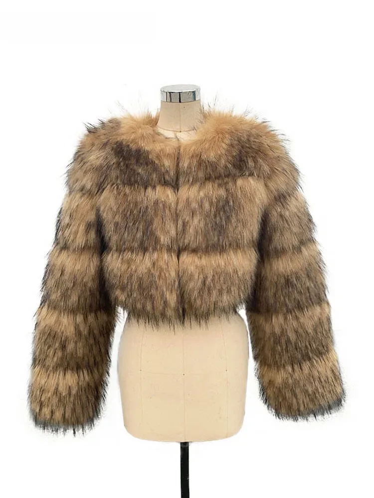 ZADORIN Wysokiej jakości krótki płaszcz ze sztucznego futra szopa Kobiety Moda zimowa O Szyja Długi rękaw Puszysta krótka kurtka ze sztucznego futra Crop Top — zdjęcie 2